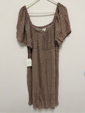 Floral-Print Brown Midi Dress with Square Neck